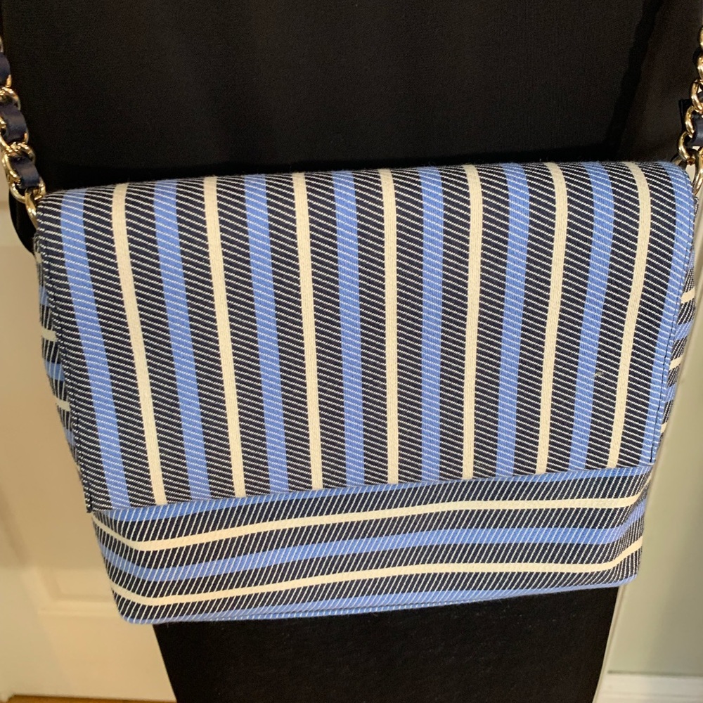 Talbots Crossbody bag, blue black cream striped 10 inches wide 7 inches tall
